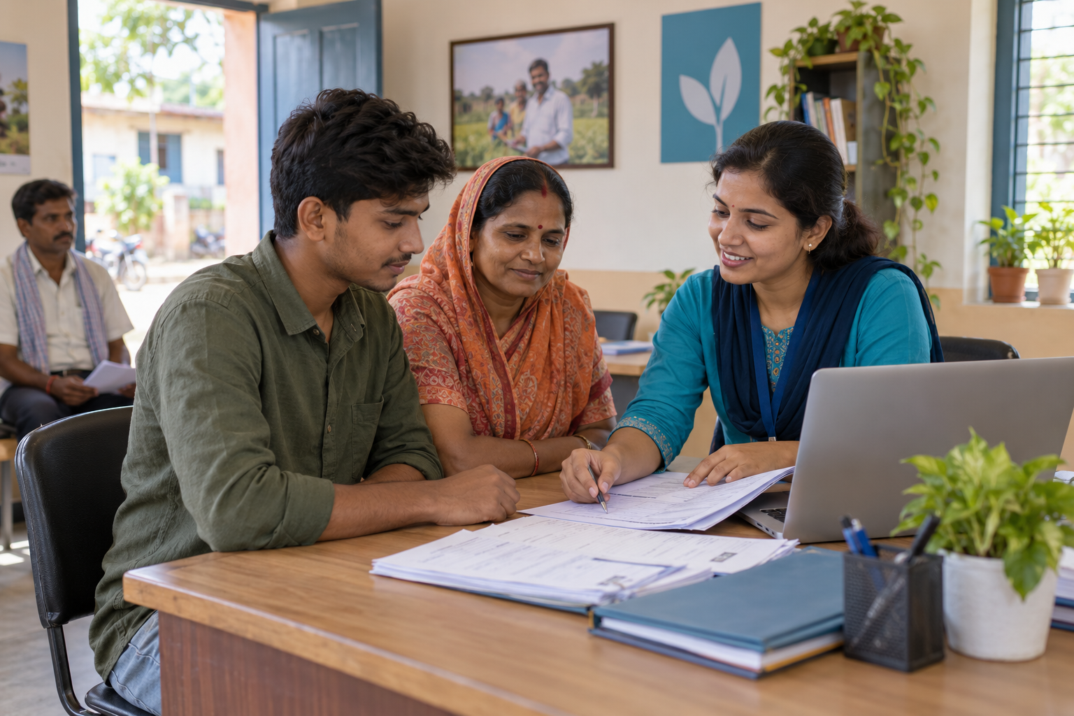 A Rozgar Mitra helping a candidate and his family